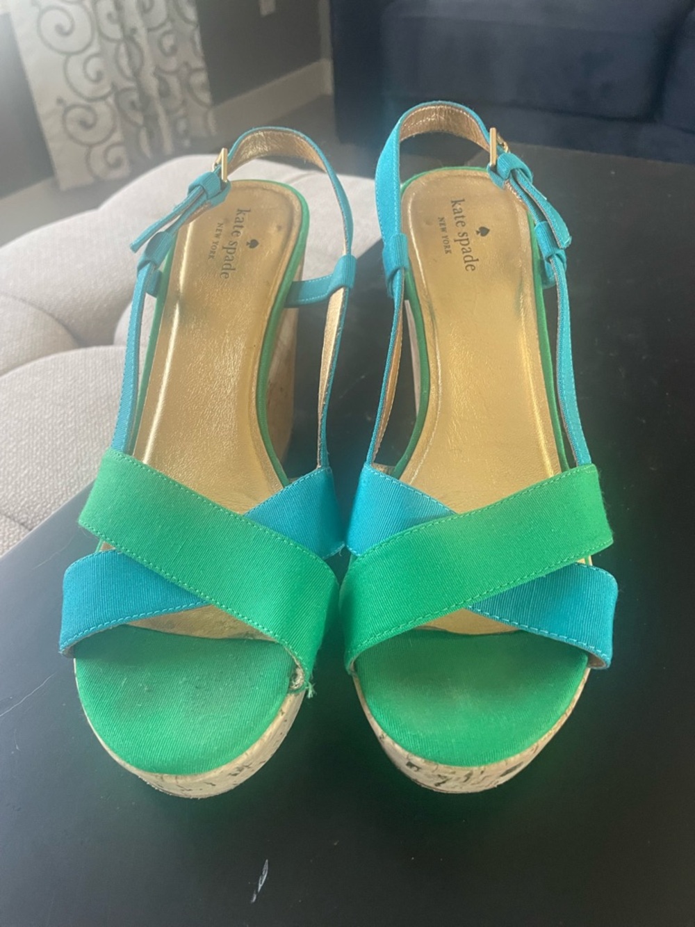 kate spade Green and Teal Crisscross Fabric Wedge Sandals